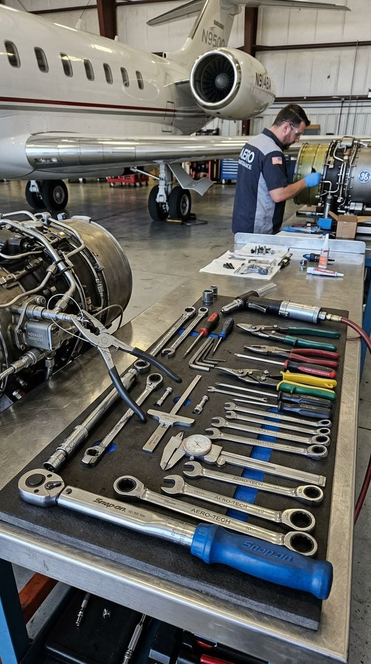 Toolset laid out on a workbench with a business jet in the hangar behind.